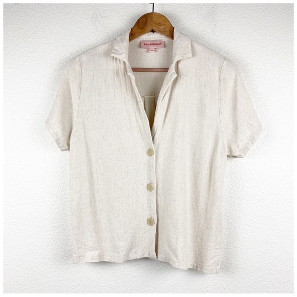 Lisa Says Gah Beige Short Sleeve Linen Blend Button Down Size XS - Picture 2 of 9